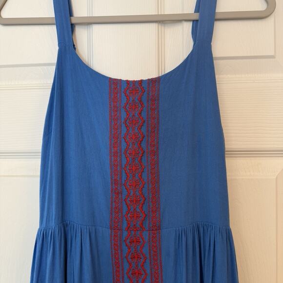 Skies Are Blue Maxi Sundress Sz S Blue Embroidered Adj. Straps Tiered Ruffle EUC - Picture 3 of 14